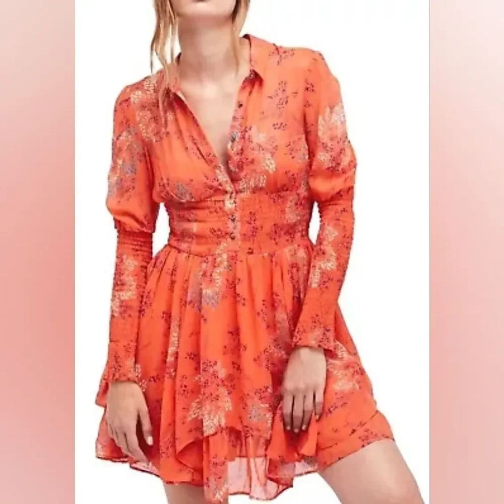 Orange Long Sleeve Sundress with Dress Shirt Collar